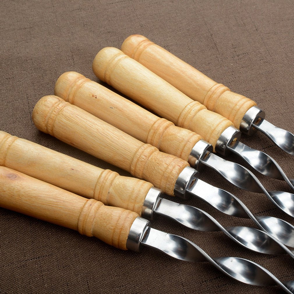6 stk/sæt rustfrit stål store flade grillspyd med træhåndtag udendørs grillnål anti-stick