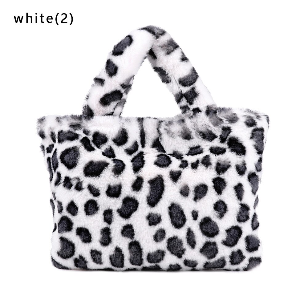 Winter Warm Fur Shoulder Bag Women Snap Button Vintage Leopard Print Bag Chain Large Capacity Plush Soft Bag: White 2