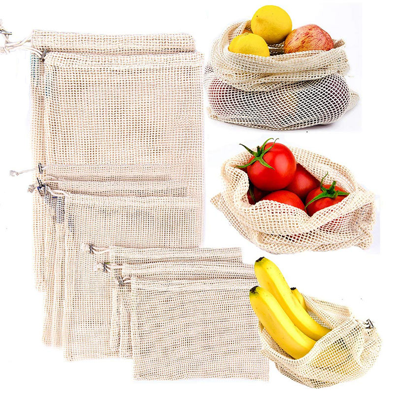 Genanvendelige bomuldsgrønsagsposer hjem køkken frugt og grøntsager opbevaringsnetposer med løbebånd maskine vaskbar