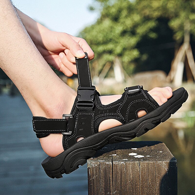 M-anxiu sommar ankelrem syntetiskt läder tpr sula utomhussandal avslappnad enfärgad kardborrebandssandal för fritid