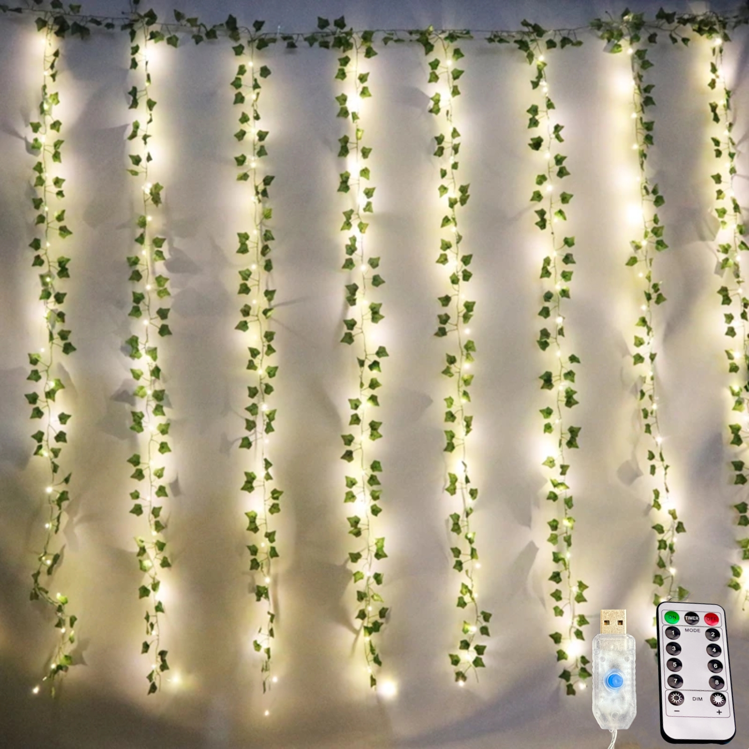 Cortina de luces de hoja de arce USB, guirnalda Artificial, hojas verdes de hiedra, plantas colgantes para habitación, jardín, , decoración de pared de boda