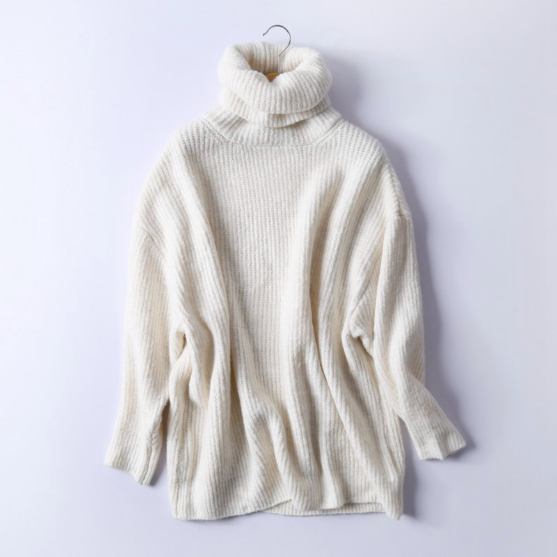 BIAORUINA Women Oversize Basic Knitted Turtleneck Sweater Female Solid Turtleneck Collar Pullovers Warm: Beige / M