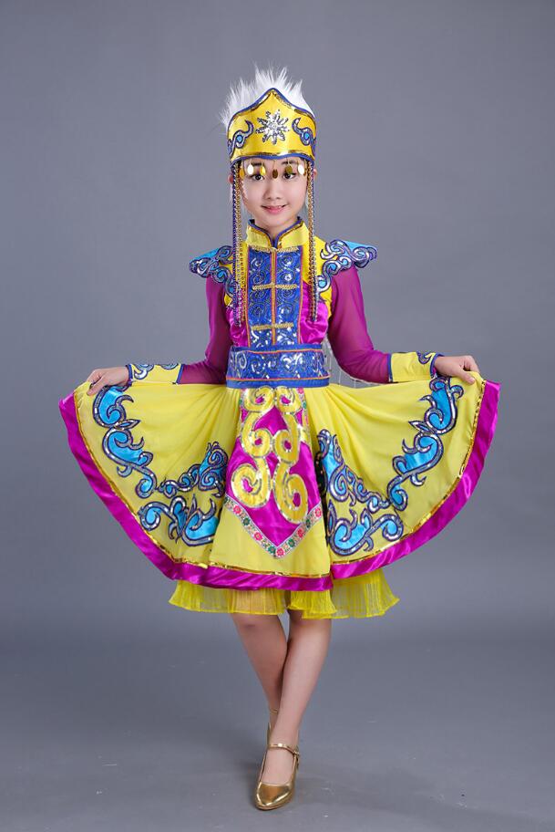 Vestido de Mongolia amarillo para niños para el escenario de los trajes nacionales chinos niñas Hmong Ropa de baile niños traje de danza tradicional: 160