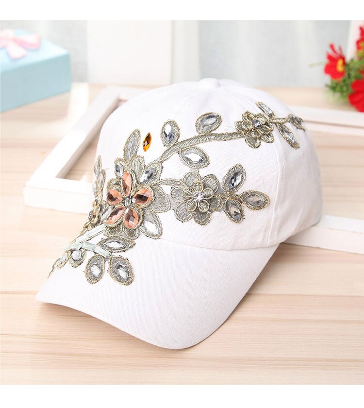 Nueva gorra de béisbol de lujo con diamantes de imitación para mujer gorra de béisbol vaquero con patrón floral de para mujer con diamantes de cristal: E