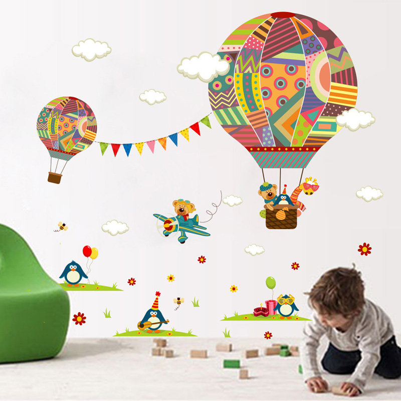 Cartoon dier air balloon Muursticker slaapkamer kinderkamer babykamer Achtergrond Mural Home Decor art Decals nursery Stickers