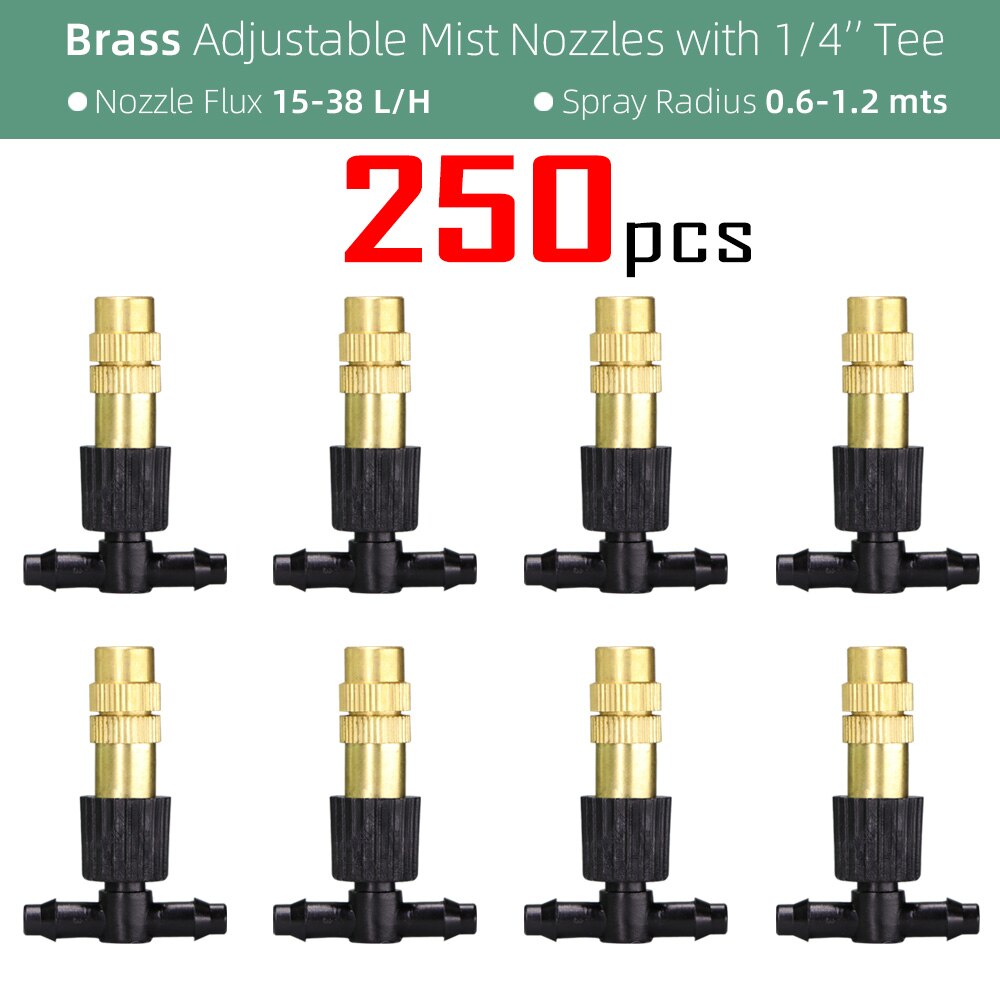 15-250PCS Adjustable Copper Misting Nozzle w/ 4/7mm Plastic Tee Connector Brass Watering Irrigation Sprinkler Cooling Nozzle