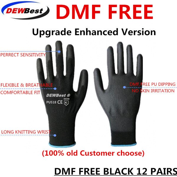 DEWBest 12pairs pu wprking glove PPE Safety Equipment Safety Hand Gloves Working Safety Gloves with: Black / L