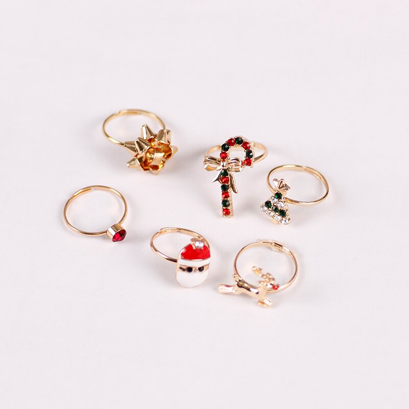 6-piece conjunto de bonito dos desenhos animados elk árvore de natal anel abertura ajustável liga moda senhoras enfeites de natal presentes do feriado