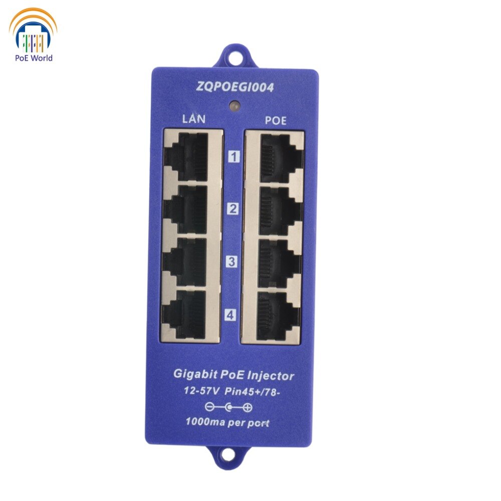 4 port PoE connector Passive Gigabit PoE Injector Mid-span with power supply 24Volt 60Watt output ModeB operation