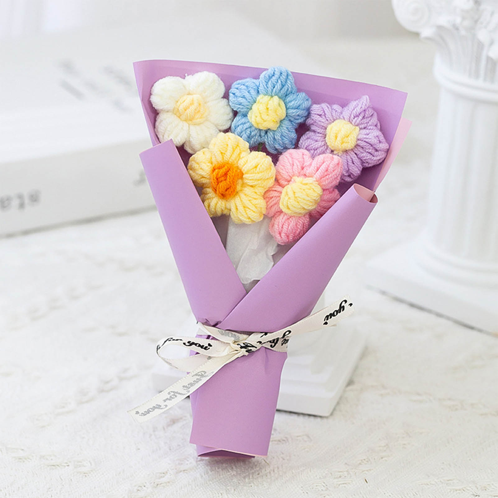 Hand Woven Flower Bouquet Mini Crochet Yarn Bouquet For Wedding Party Graduation Ceremony Lovely Decoration Puff Bouquet