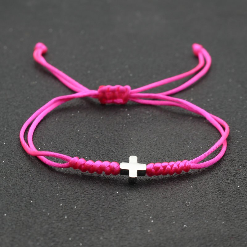 Bransoletka męska Lucky Christian Cross pleciona regulowana lina łańcuch bransoletki i Bangles dla kobiet mężczyzn para biżuteria przyjaźni: Rose Pink and Silver