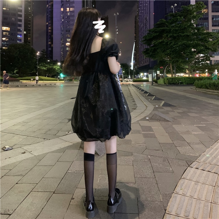 Fee Zoete Onsterfelijke Mesh Midi Bubble Rok Hipster Bladerdeeg Mouw Vierkante Kraag Jurk Zomer Stijl Sweet Lolita Dress: Black / L