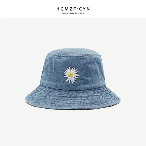 Ins koreansk daisy broderi spand hat kvinder mænd panama sommer solhat blomst bob vasket denim fisker hat: Blå
