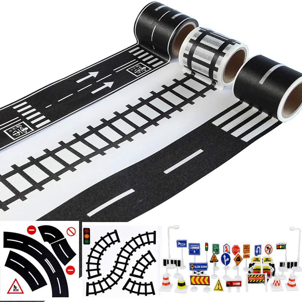 Spelen Road Tape voor Speelgoed Auto 'S en Treinen 3 Rolls 4.8cm x 5m Rechte Curve Track Verkeersborden -Kids