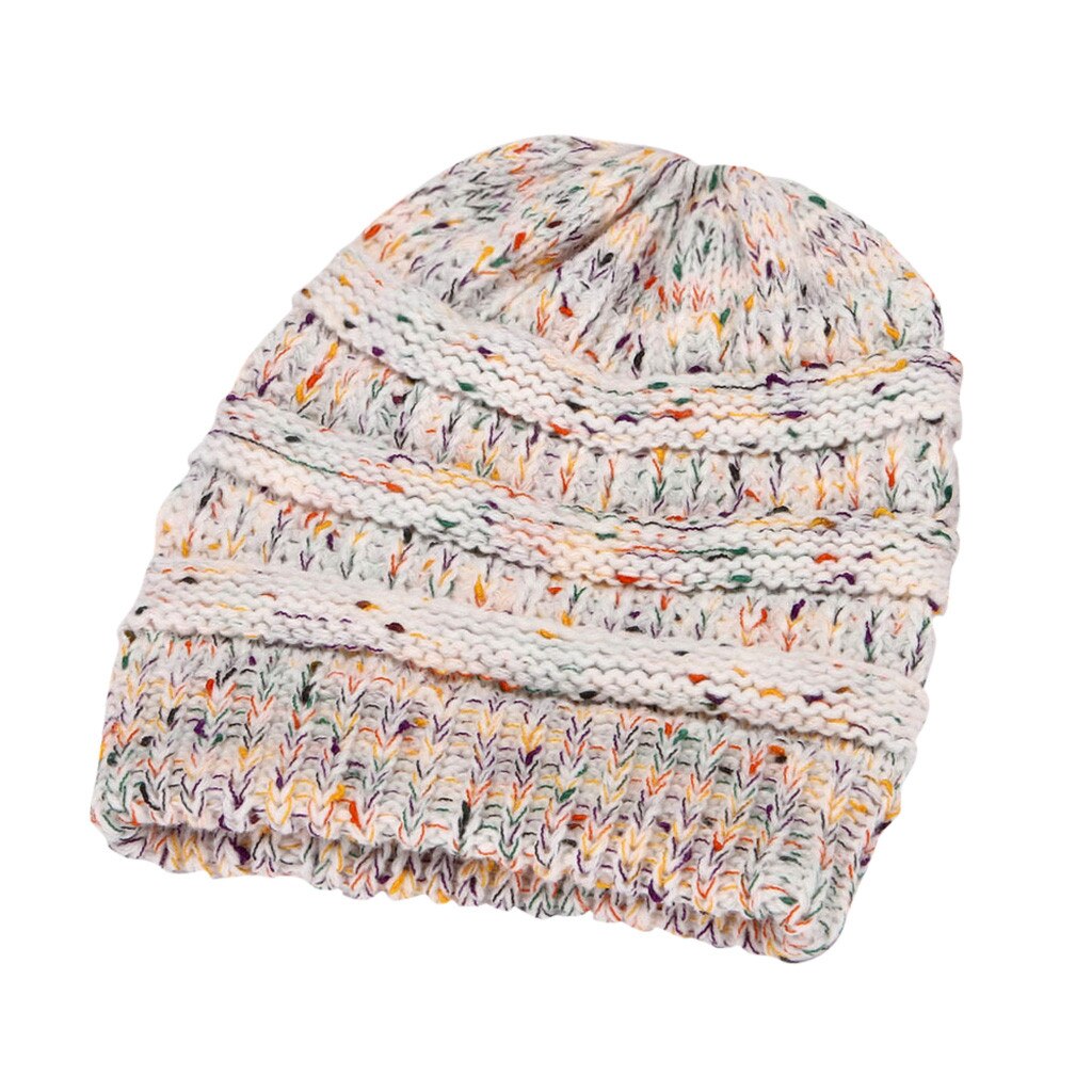 Ponytail Beanie Women's Girls Stretch Knitted Wool Crochet Hats With Label Caps Messy Bun Holey Warm Hat Winter Warm Cap Beanies: Beige