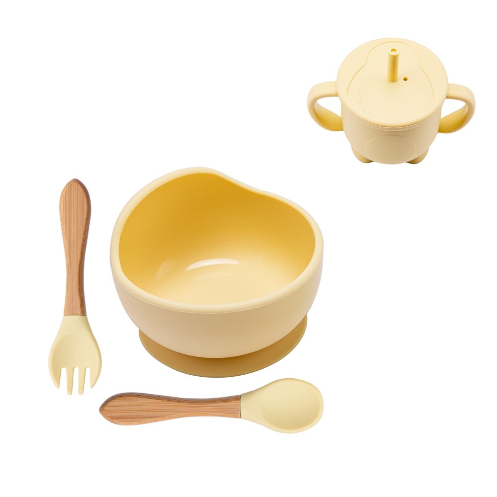 Tazón de silicona para bebé, vajilla con ventosa fuerte, taza de paja, tenedor, cuchara con forma de dibujos animados, juego de alimentación para niños sin BPA: C