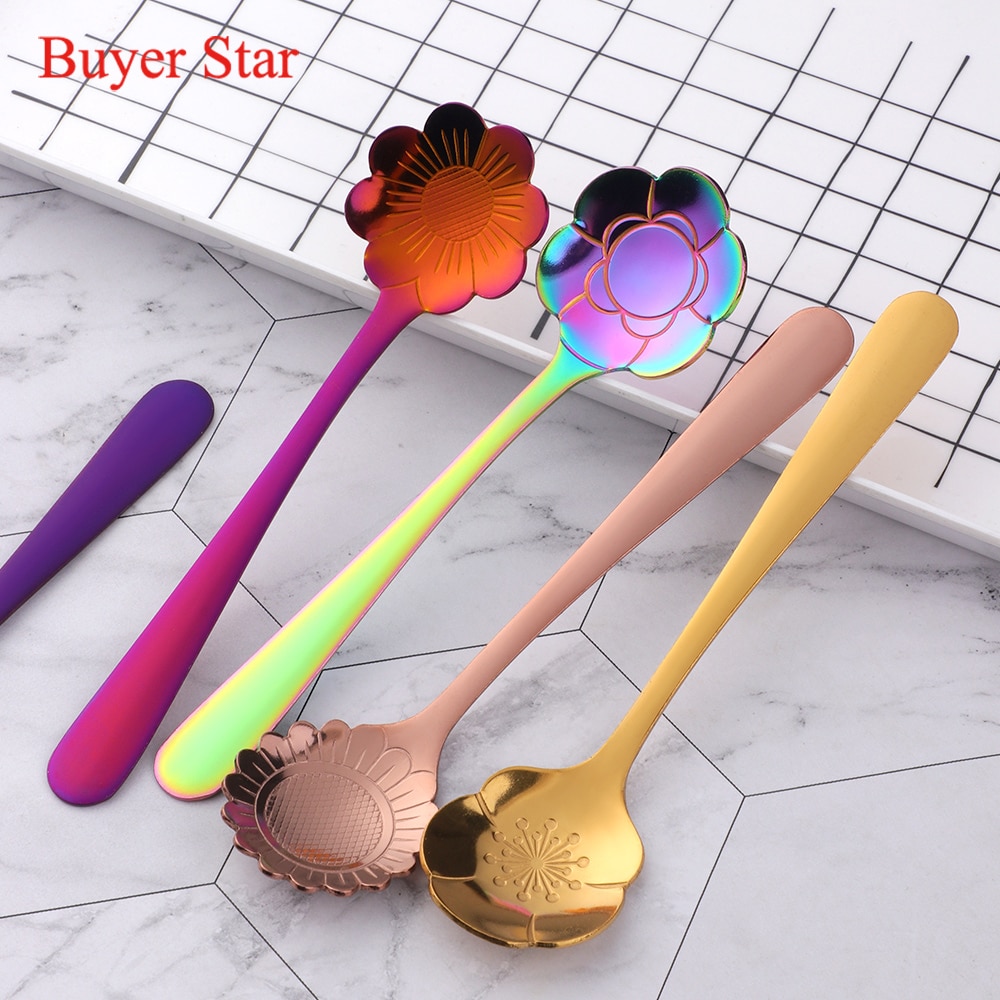 8PCS Mini Cute Flower Stainless Steel Teaspoon Coffee Metal Golden Soup Dessert Spoon Tablespoon Dessert Spoons Kitchen Utensils
