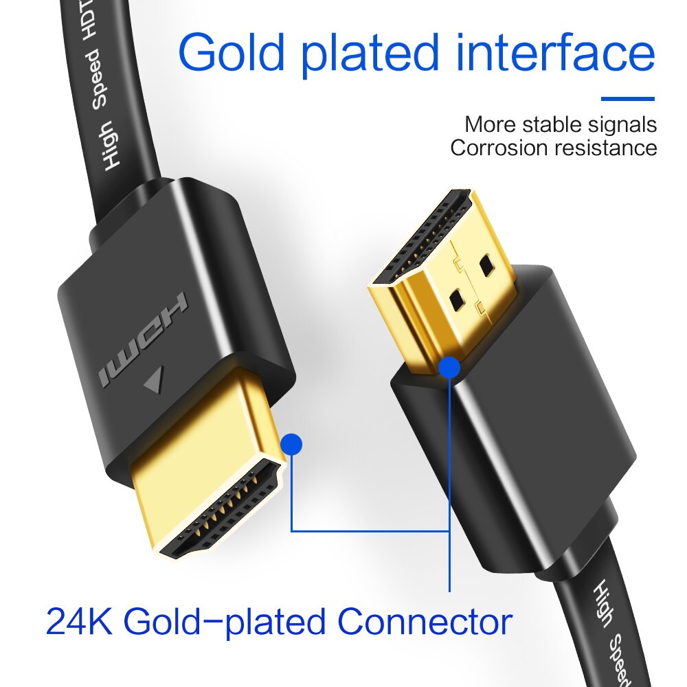 V1.4 hdmi litteä kaapeli kullattu pistoke uros-uros hdmi kaapeli 1080p 3d 0.3m 0.5m 1m 1.5m