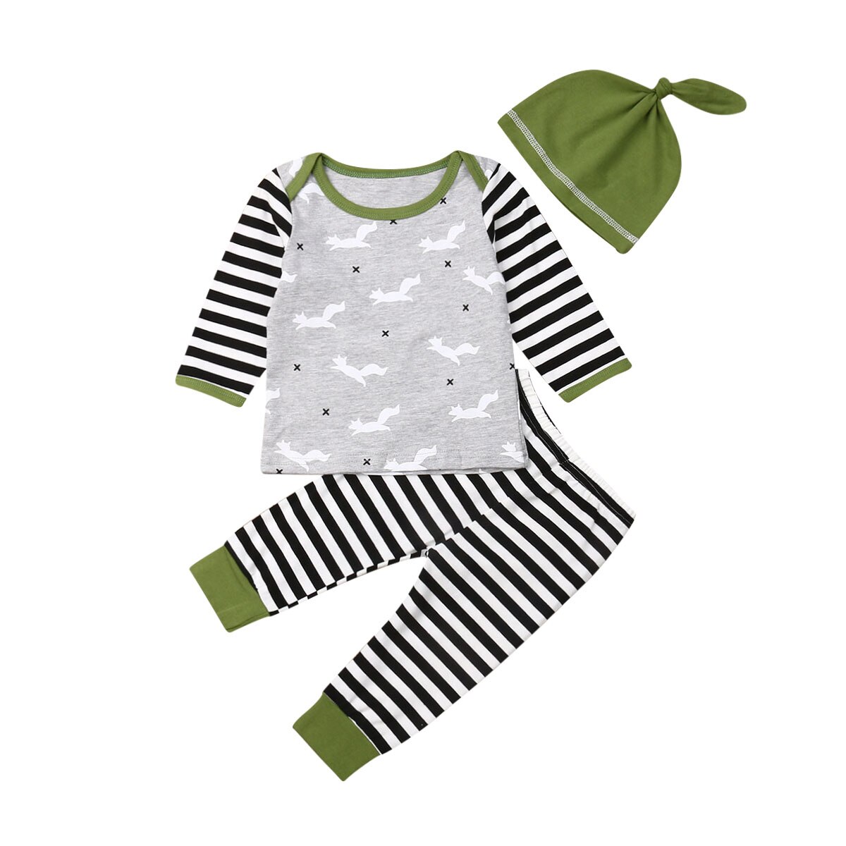 3 st höst småbarn barn pojke kläder set fox långärmade toppar+ randiga byxor+ hatt bomullskläder 0-24m: 24m