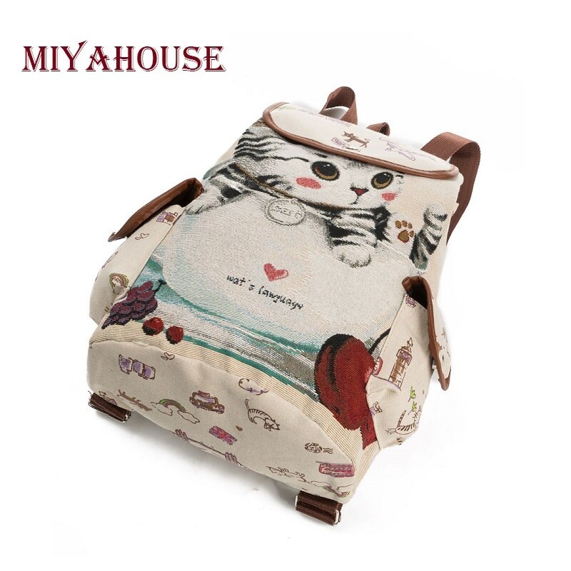 Miyahouse Women Canvas Backpack Cats Printed Backpack For Teenage Girls Female Drawstring Backpacks Girls School Bags