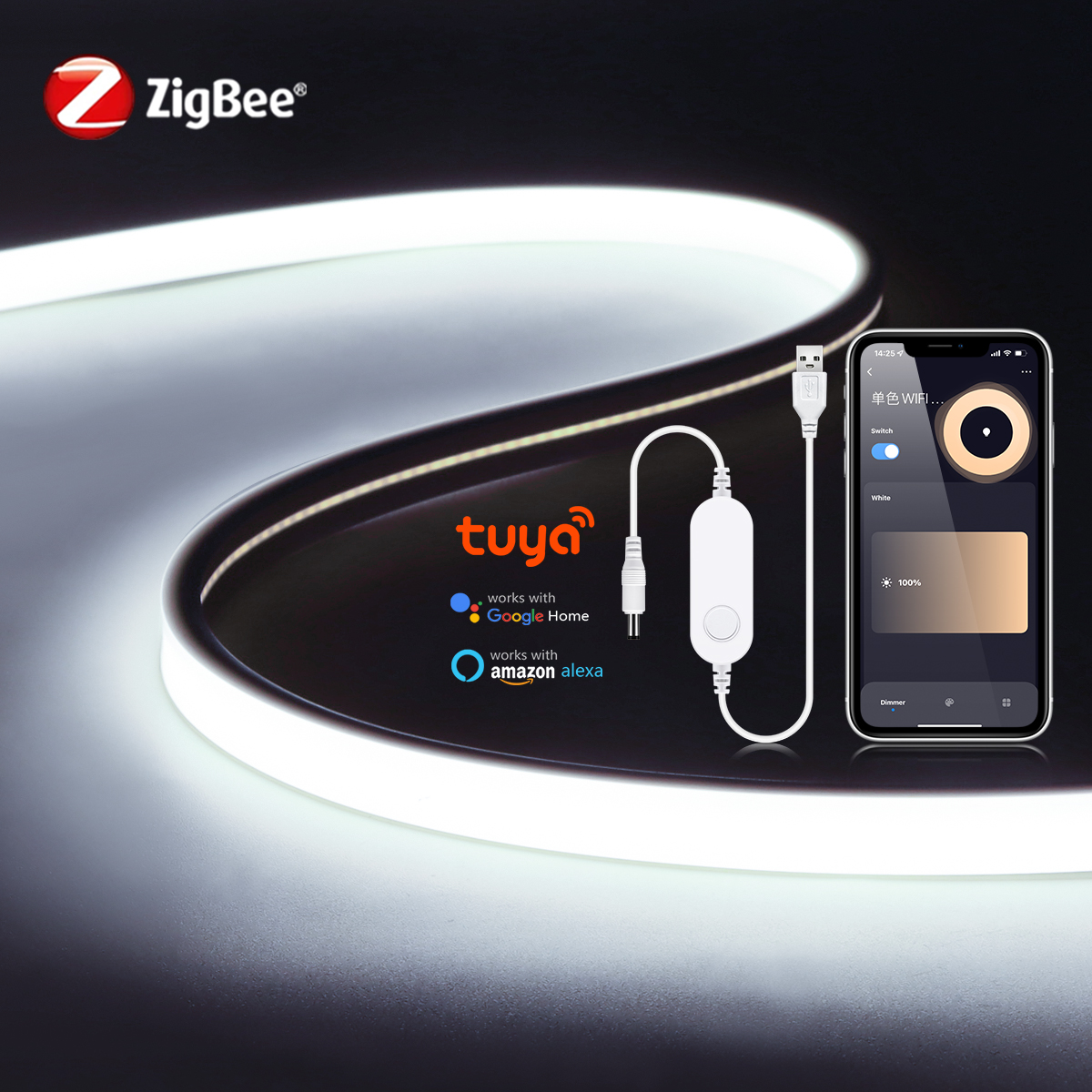 Tira de luces LED COB inteligente ZigBee 3,0 USB 5V, funciona con Tuya HUB Bridge Echo Plus APP/Alexa, lámpara Wifi de ambiente con Control por voz: De Color3 / 1 m