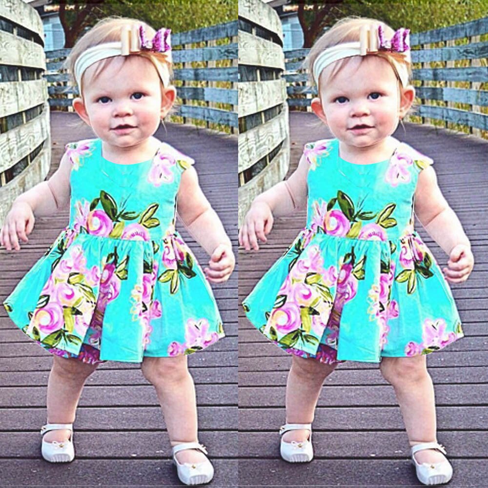 Baby blomsterprint kjoler piger spædbørn børn solkjole ærmeløs sød fest prinsesse afslappet sommerkjole baby pige verjaardag