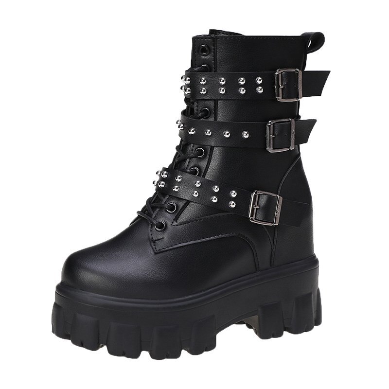 Rivet grosses bottes plate-forme femmes noir blanc Double boucle hauteur augmenter chaussures femme plate-forme bottines dame: Black / 35