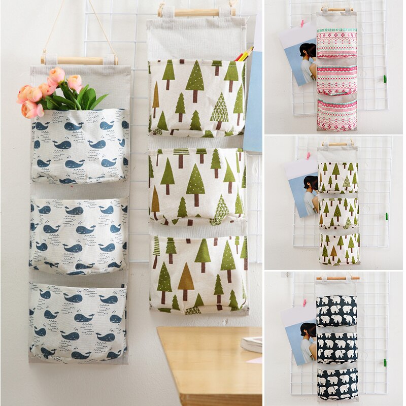 Wall Mounted Storage Bag with 3 Pockets Linen Fabric Waterproof Wall Door Closet Hanging Organizer for Bedroom Bathroom NIN668