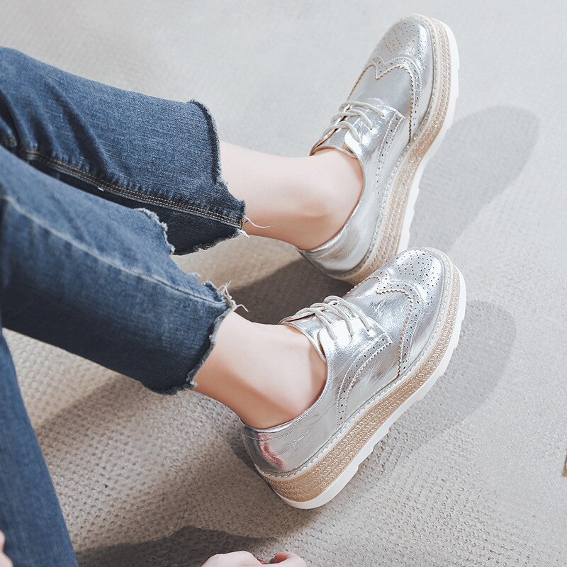 hollow out full brogues women gold/silver bright leather platform shoes square toe oxford flats women creepers espadrilles: Silver / 5