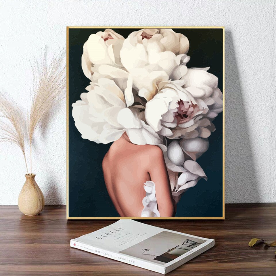 Azqsd oljemålning med siffror flicka blomma rita efter nummer på duk handmålad gör-det-självkonst modern heminredning ramlös