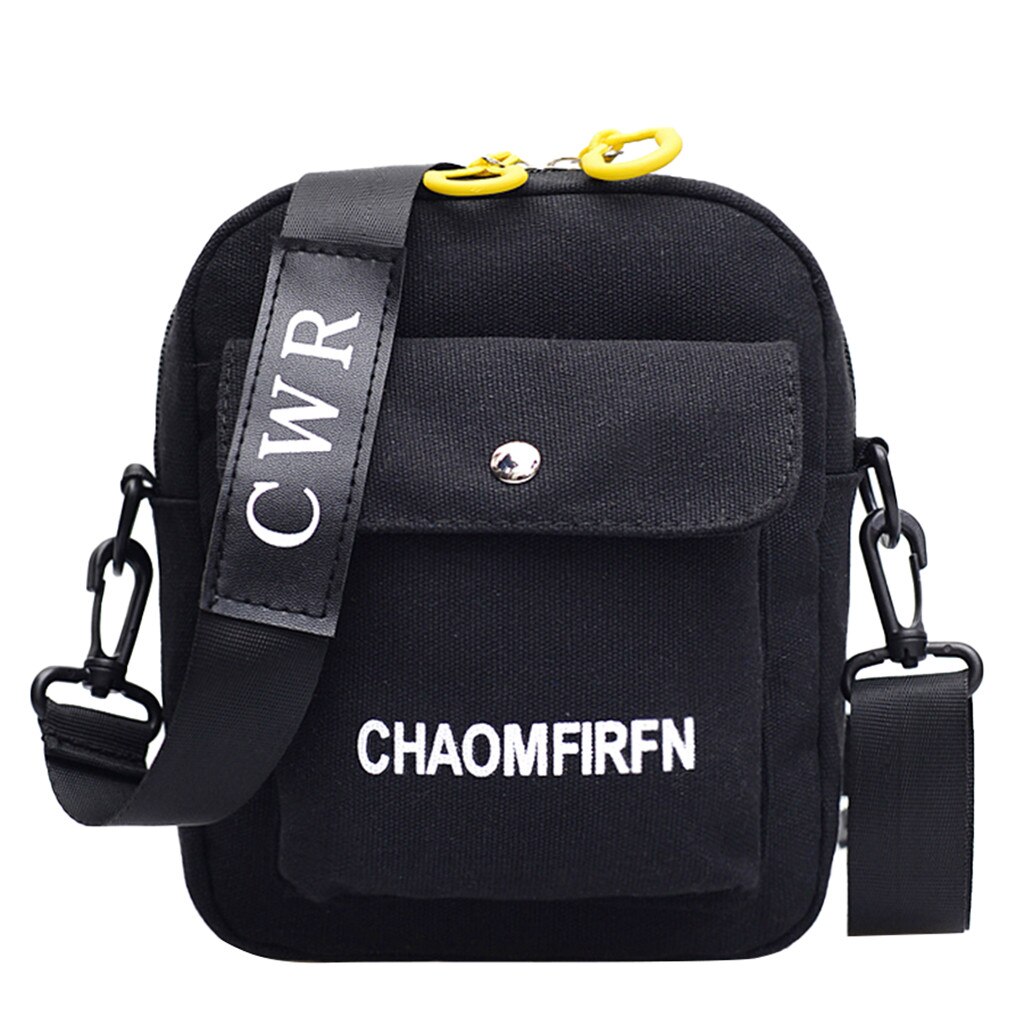 Women's solid color casual letter printing CHAOMFIRFN portable outdoor canvas portable zipper shoulder diagonal package: Black