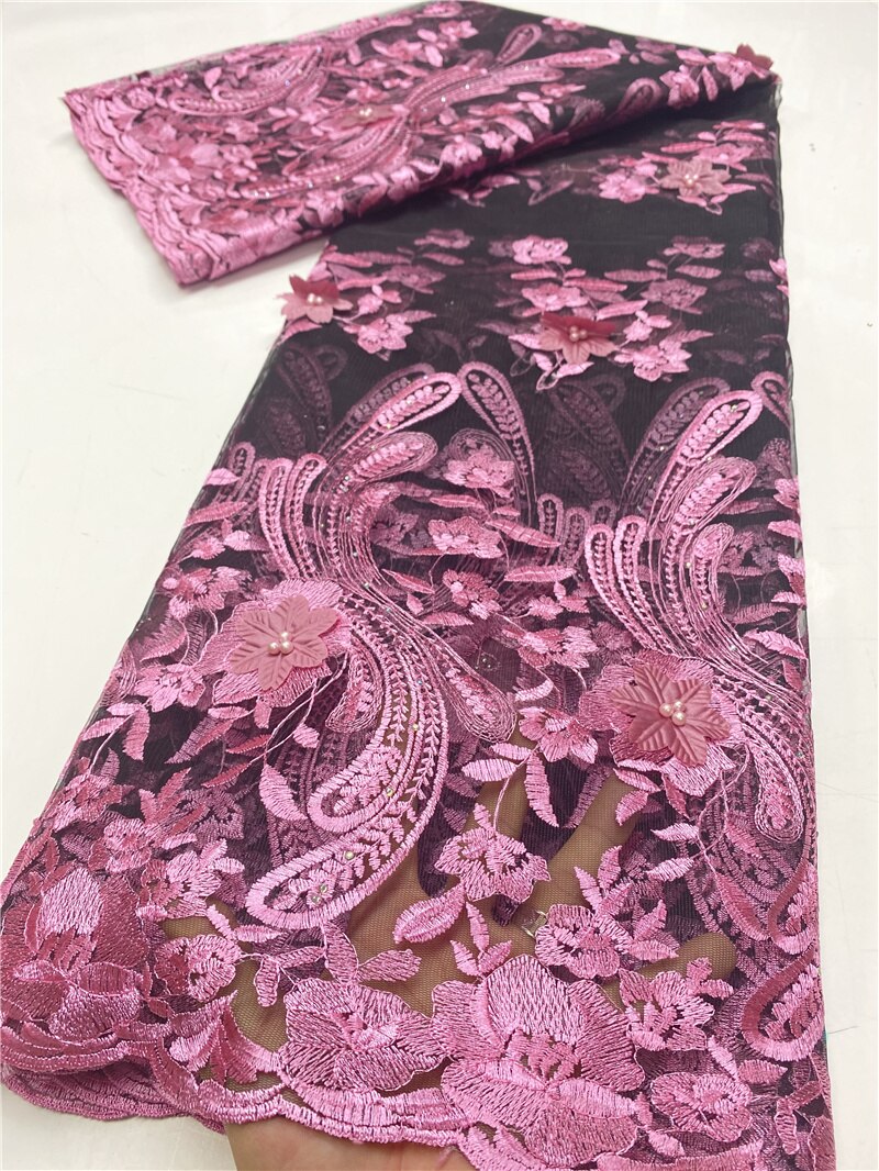 African Beaded Lace Fabric 3D Tulle Lace Material French Nigerian Lace Fabrics For Wedding Sewing YA3631B-4: Picture 8
