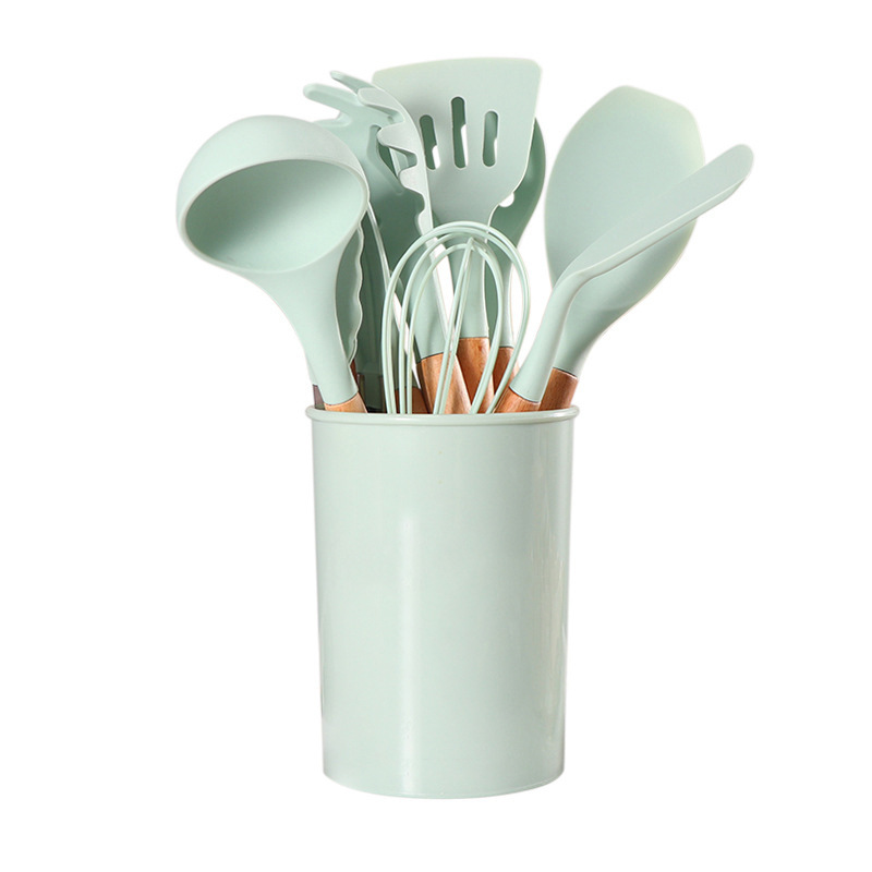 Silicone Kitchenware Cooking Utensils Set Non-stick Cookware Spatula Shovel Egg Beaters Wooden Handle Kitchen Cooking Tool Set: Light Green