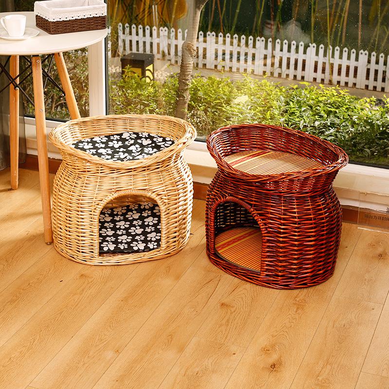 Nido de gato de verano de ratán, casa de gato universal para las cuatro estaciones, casa de campo, jaula de gato de doble capa, suministros de gatos extraíbles, nido de perro