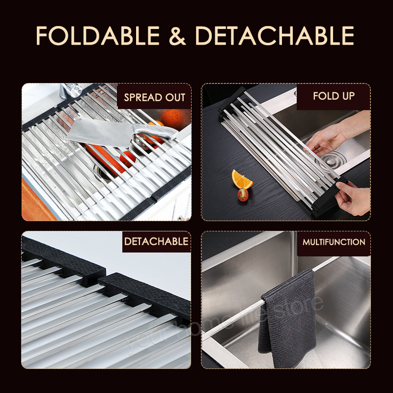 Folded Dish Drain Rack for Kitchen SUS304 Steel,Sink drying Rack,Bowl shelf Roll-up Dish Drying Rack Overthe Sink Plate Storage