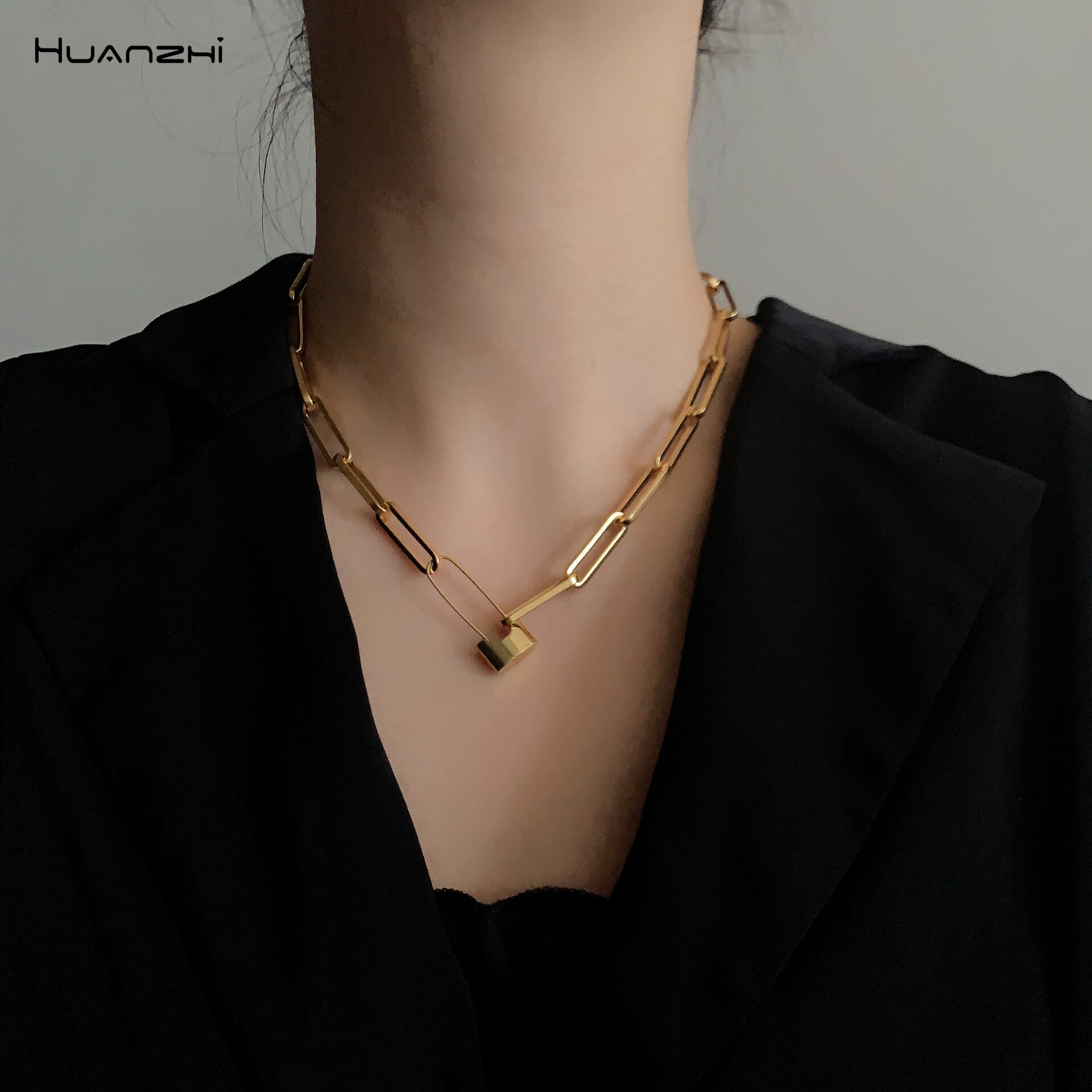 HUANZHI Punk Gold Silver Color Metal Lock Safety Pin Chain Choker Necklace Personality for Women Girls Party Jewelry