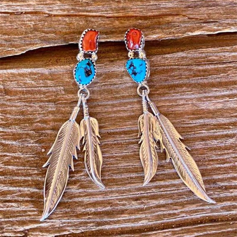 Bohemia Turquoises Earrings Silver Feather Pendant Earrings for Women Female Party Earring Jewelry Accessories: Style-1