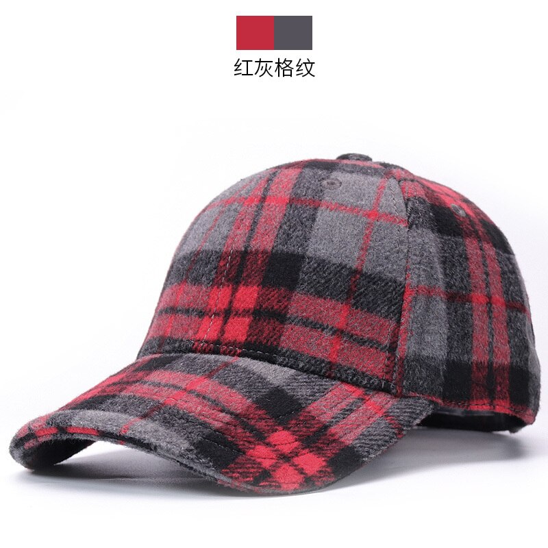 Women and Men Winter Outdoors Warm Felt Peaked Caps Dad Casual Thick Casquette Adult Plaid Wool Baseball Hats 55-62cm: Red gray