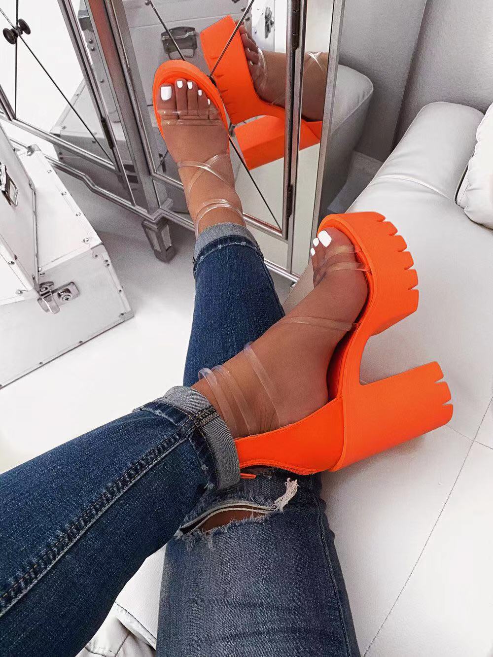 Summer Orange PVC Jelly Sandals Plus Size Thick High Heels Shoes For Women Narrow Band Platform Transparent Sandals Chaussure Fe