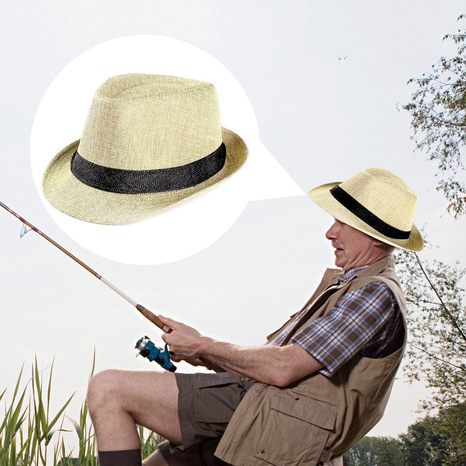 Classic Straw Sunhat For Men Fishing Beach Vacation Sun Protection Hats Wide Sides Vintage Breathable Caps Adult