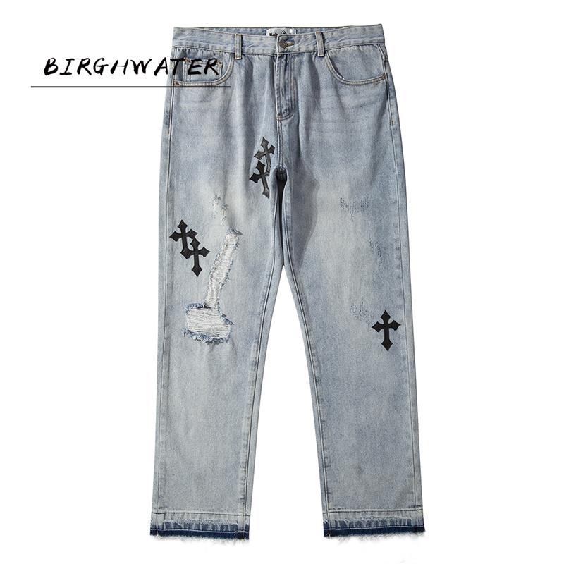 Jean déchiré rétro avec un croix brodée pour hommes, denim décontracté, pantalons délavés, droits, surdimensionnés, jeans, pantalon, haut, rue