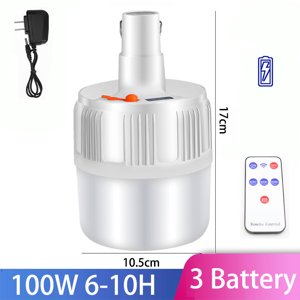 Portable Camping led Light Bulb Rechargeable Emergency Lights LED Battery Tent Solar Outdoor Lantern Lighting for Patio Garden: Remote 100W 3Battery / EU