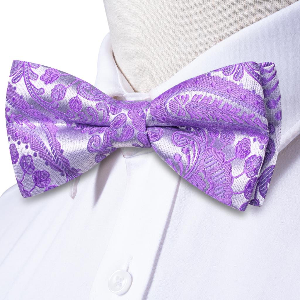 Gravata borboleta de nó masculino, Conjunto Hanky Cuffs, Pré-amarrado, Roxo, Lilás, Lavanda, Pansy, Violeta, Seda, Casamento, Negócios