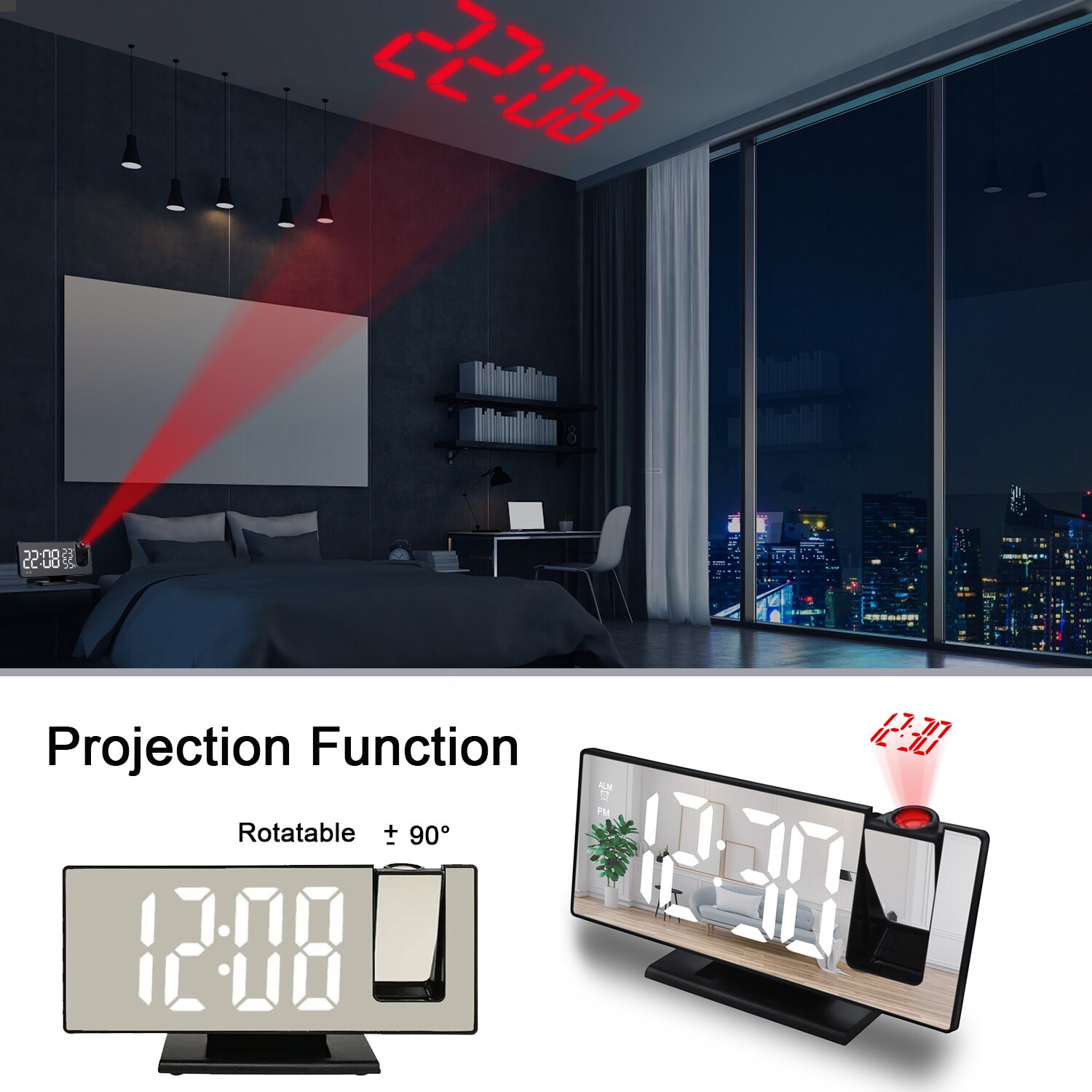 LED Digital Smart Projector Alarm Clock Table Electronic Desktop Clock USB Wake Up With 180° Time Projector Snooze Alarm Clock