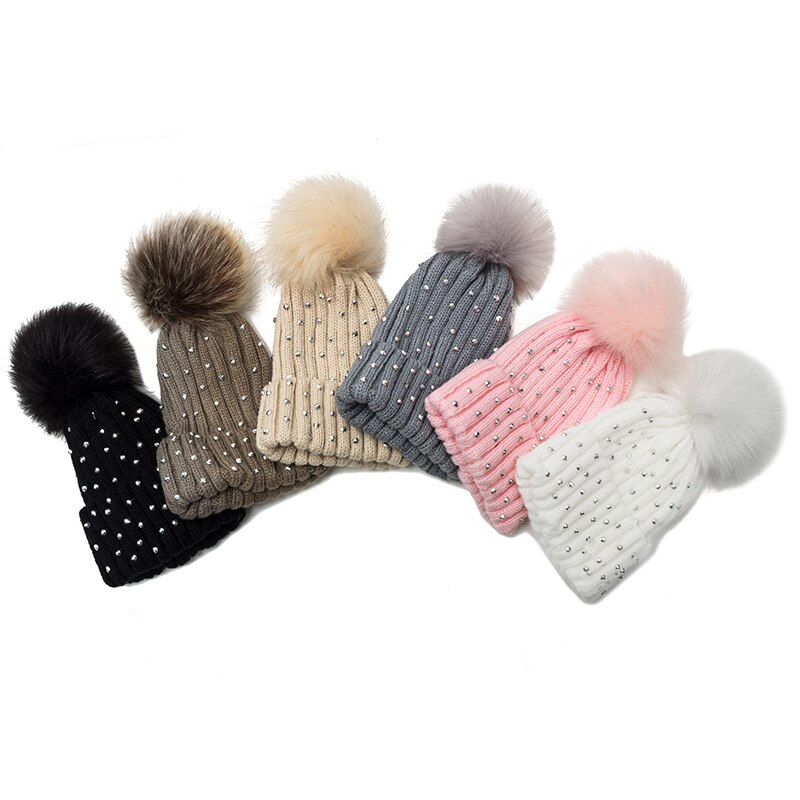 GROUPJUMP-Gorro con pompón de punto para niño, gorros, gorros para niña, gorros con diamantes de imitación, gorro para niño