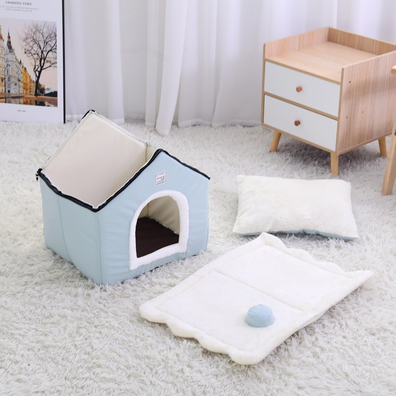 Hoopet winter kattenhuis warm wasbaar hondenbed afneembare hoes antislip bodem huisdierhol klein hondenkonijnennest met mat