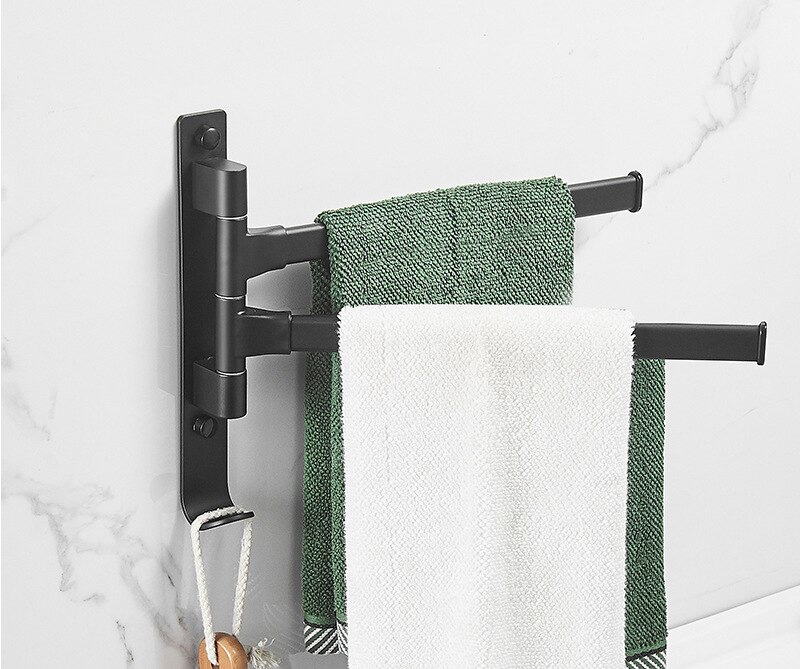 Aluminum Bath Towel Bar Black Rotating Towel Rack Bathroom Kitchen Wall-mounted Towel Holder Bar Shelf Bathroom Accessories: 2 Rods