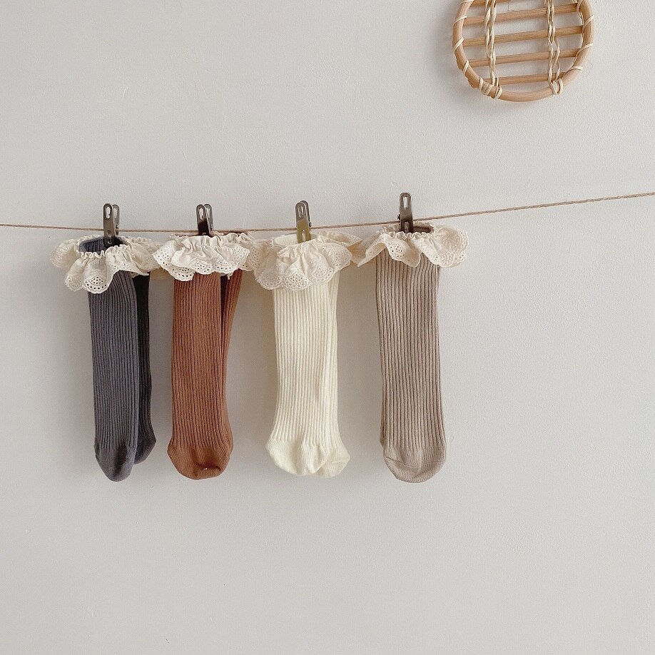 Koreańnarty styl nowe jesienne i zimowe dziecięce dziecięce koronkowe bawełniane skarpetki jednolity kolor dzieci księżniczka długie skarpetki 1-6y: sets A (4 pairs)