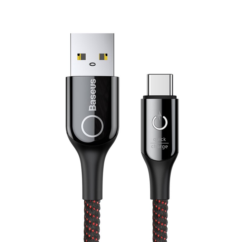 Baseus usb-kabel type c 3a snellaadkabel smart breath-verlichting voor samsung type-c-datakabel: Zwart 1m