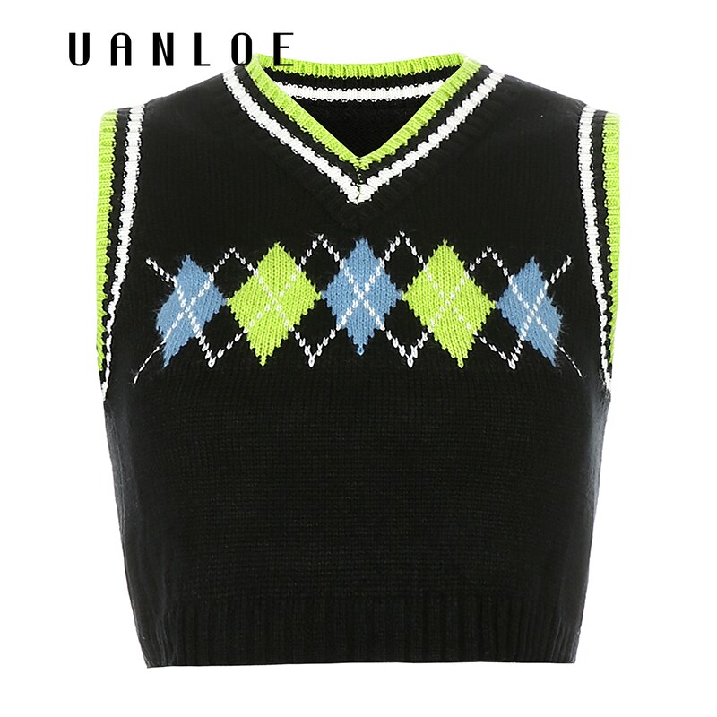 Colorful Argyle Plaid Knitted Sweater Vest Women Preppy Style Streetwear 90s Retro Striped Patchwork Sleeveless Knitwear